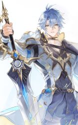 1boy absurdres antenna_hair armor black_choker black_pants black_shirt blue_eyes choker coat cowboy_shot crossed_bangs crying gold_trim hair_between_eyes hand_up hashtag-only_commentary highres holding holding_sword holding_weapon honkai:_star_rail honkai_(series) hush_(xoxo_hush) liquid_gold long_sleeves looking_at_viewer male_focus neck_tattoo pants parted_bangs parted_lips pauldrons phainon_(honkai:_star_rail) shirt short_hair shoulder_armor single_pauldron solo splatter standing sun_symbol sun_tattoo sword tan tattoo tears thigh_strap weapon white_coat white_hair