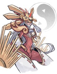 Rule 34 | 1girl, amaterasumon, bodysuit, breasts, colored skin, curvy, digimon, digimon (creature), full body, grey hair, highres, horns, large breasts, long hair, nagoshi, no humans, red bodysuit, red skin, single horn, solo, very long hair, wide hips, yin yang