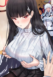 2girls black_hair black_pantyhose black_skirt blue_archive blue_necktie blunt_bangs blush breasts closed_eyes closed_mouth crossed_arms false_smile grabbing_own_breast hair_behind_ear highres jacket long_hair looking_at_another looking_at_viewer looking_back mi_taro333 multiple_girls necktie nervous noa_(blue_archive) pantyhose parted_lips pov red_eyes rio_(blue_archive) shirt sidelocks skirt smile sweater turtleneck turtleneck_sweater white_hair white_jacket white_shirt white_skirt white_sweater
