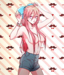 1girl artist_request convenient_censoring hair_over_breasts jewelry kuroko_no_basuke momoi_satsuki no_bra pink_eyes pink_hair short_shorts shorts tagme topless_female