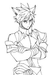 1boy alternate_costume alternate_species animal_ears armor asymmetrical_armor cat_ears cloud_strife detached_sleeves facial_mark final_fantasy final_fantasy_vii final_fantasy_xiv high_collar kemonomimi_mode looking_down male_focus miqo&#039;te monochrome ryouto serious short_hair shoulder_armor sketch solo spiked_hair upper_body