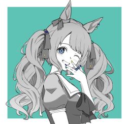 Rule 34 | 1girl, akared, animal ears, blue eyes, blush, breasts, commentary request, fingernails, grin, highres, horse ears, horse girl, long hair, looking at viewer, medium breasts, portrait, ribbon, school uniform, simple background, smile, solo, tosen jordan (umamusume), tracen school uniform, twintails, umamusume