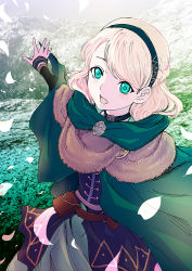 1girl blonde_hair braid collar dress fate/grand_order fate_(series) flower fur gerda_(fate) green_dress green_eyes green_hoodie hairband hood hoodie long_hair open_mouth rurukichi smile