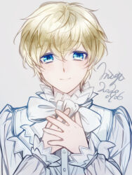 1boy bishounen blonde_hair blue_eyes bow bowtie closed_mouth commentary dated grey_background hands_on_own_chest highres long_sleeves looking_at_viewer male_focus matsunaka_hiro original own_hands_together shirt short_hair signature simple_background smile solo tareme upper_body white_bow white_bowtie white_shirt