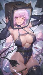 Rule 34 | 1girl, absurdres, bare shoulders, black thighhighs, blush, breasts, cleavage, commentary, cowboy shot, detached sleeves, free style (yohan1754), highleg, highleg leotard, highres, large breasts, leotard, long hair, looking at viewer, original, parted lips, purple hair, smile, solo, star-shaped pupils, star (symbol), symbol-shaped pupils, teeth, television, thighhighs, thighs, yellow eyes