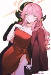 1girl aru_(blue_archive) aru_(dress)_(blue_archive) blue_archive blush breasts cleavage commentary cowboy_shot dress elbow_gloves gloves halo highres holding horns jacket jacket_on_shoulders jewelry large_breasts long_hair long_sleeves looking_at_viewer necklace official_alternate_costume pink_eyes pink_hair red_jacket renkkai signature simple_background smile solo sparkle symbol-only_commentary white_background white_gloves