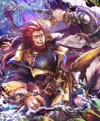 1boy anchor axe beard belt belt_buckle black_shirt blue_jacket brown_eyes buckle facial_hair holding holding_axe indoors jacket looking_at_viewer magic male_focus muscular muscular_male official_art open_clothes open_jacket open_mouth pants pirate ponytail red_hair shadowverse shirt skull smile storm-wracked_first_mate_(shadowverse) sudaka_ao teeth water water_drop white_pants