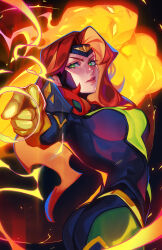 2girls black_bodysuit bodysuit breasts brown_hair colored_skin green_bodysuit green_eyes highres jean_grey jojo_no_kimyou_na_bouken long_hair marvel marvel_rivals medium_breasts multiple_girls phoenix_(x-men) pointing pointing_at_viewer qtori red_skin solo stardust_crusaders x-men