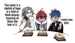 3boys ahoge aotsuki_eito black_hair blue_eyes blue_hair blush bridge_piercing collar eating english_text eyepatch face_piercing fork full-face_blush glasses grey_hair highres holding holding_fork japanese_clothes lip_piercing male_focus messy_hair multiple_boys omokage_yugamu one_eye_covered open_mouth parted_hair piercing red_hair sumino_takumi teeth the_hundred_line_-last_defense_academy- upper_body upper_teeth_only yaoi