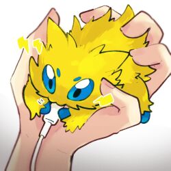 1other animal animal_on_hand biting black_eyes blue_sclera cable colored_sclera commentary creatures_(company) extra_eyes game_freak gen_5_pokemon gradient_background holding holding_cable joltik lightning_bolt_symbol nintendo pokemon pokemon_(creature) pokemon_focus solo_focus sstoh usb white_background yellow_fur