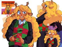 2girls animal_ears antlers black_shirt blonde_hair blush brown_eyes checkered_clothes checkered_vest chin_rest collared_shirt colored_sclera colored_skin commentary curly_hair deer_antlers deer_ears deer_girl deltarune english_text fire furry furry_female green_vest head_on_head head_rest highres horns index_fingers_together lesbian_flag long_sleeves m0nacrose multiple_girls noelle_holiday pixel_art_inset purple_skin reptile_girl shirt susie_(deltarune) symbol-only_commentary vest yellow_sclera yuri