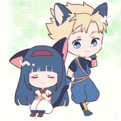 Rule 34 | 1boy, 1girl, absurdres, ainu clothes, animal ears, blonde hair, blue eyes, blue hair, breasts, cat ears, cat girl, cat tail, closed eyes, galford d weller, hair ribbon, hand on own chest, height difference, highres, japanese clothes, legs, long hair, nakoruru, pants, pointy hair, ribbon, samurai spirits, short hair, sitting, small breasts, smile, snk, tail, thighs
