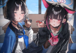 2girls animal_ears bent_over betabeet black_choker black_eyes black_hair black_hoodie black_pantyhose blue_archive blue_haori blue_ribbon blue_sailor_collar blush cat_ears cat_girl chocolate choker colored_inner_animal_ears colored_inner_hair extra_ears food green_sailor_collar hair_behind_ear haori highres holding holding_chocolate holding_food hood hoodie japanese_clothes kazusa_(blue_archive) kikyou_(blue_archive) looking_at_viewer multicolored_hair multiple_girls open_mouth pantyhose pink_eyes pink_ribbon pov ribbon sailor_collar shirt sweatdrop white_shirt