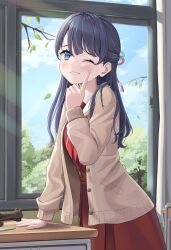 1girl ;d alt_text asumi_dori blue_eyes blue_hair blue_ribbon blue_sky branch brown_cardigan brown_dress cardigan cloud commentary_request cowboy_shot day desk dress finger_to_cheek grin hair_ribbon half_updo hasu_no_sora_school_uniform highres indoors light_particles link!_like!_love_live! long_hair long_sleeves love_live! murano_sayaka neckerchief one_eye_closed open_cardigan open_clothes open_mouth pen pencil_case pleated_dress red_neckerchief red_ribbon ribbon sailor_collar sailor_dress school_desk school_uniform sky smile solo virtual_youtuber white_sailor_collar window winter_uniform