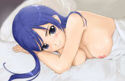 1girl aftersex bed bed_sheet blue_eyes blue_hair blush breasts completely_nude dorimushirou dream_c_club dream_c_club_(series) large_breasts long_hair looking_at_viewer naked_sheet nipples nude reika_(dream_c_club) smile upper_body