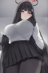 Rule 34 | 1girl, absurdres, black hair, black halo, black pantyhose, black skirt, blue archive, blush, breasts, commentary, hair ornament, hairclip, halo, highres, huge breasts, long sleeves, looking at viewer, pantyhose, pleated skirt, red eyes, ribbed sweater, ringed eyes, rio (blue archive), skirt, solo, sweater, thighs, tol10131, white sweater