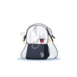 Rule 34 | 1girl, bag, black bag, chibi, cinderella (nikke), commentary, deformed, diamond (shape), goddess of victory: nikke, hair ornament, highres, in bag, in container, jitome, long hair, looking at viewer, momori sensei, red eyes, shopping bag, simple background, solo, sparkle, strap, twintails, very long hair, white background, white hair
