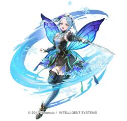 1girl attack black_thighhighs blue_eyes blue_hair blush breasts bridal_gauntlets bug butterfly butterfly_wings closed_mouth detached_sleeves dress fairy_wings fire_emblem fire_emblem_fates fire_emblem_heroes flora_(fire_emblem) flora_(resplendent)_(fire_emblem) flower gloves hair_flower hair_ornament headdress holding holding_sword holding_weapon ice insect insect_wings large_breasts long_hair long_sleeves looking_at_viewer maid maid_headdress nima_(niru54) nintendo official_alternate_costume official_art simple_background snowflakes solo sword thighhighs twintails weapon white_background wings