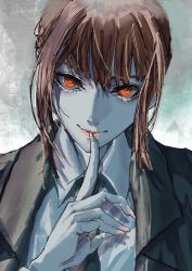 1girl absurdres black_coat black_necktie chainsaw_man cheshire_nek coat collared_shirt commentary_request highres index_finger_raised long_hair looking_at_viewer makima_(chainsaw_man) necktie red_eyes red_hair shirt sidelocks solo white_shirt
