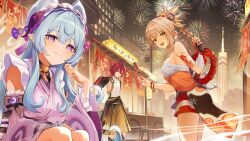 1boy 2girls absurdres bandaged_arm bandaged_leg bandages bare_shoulders blonde_hair blue_hair breasts chest_sarashi closed_mouth detached_sleeves fireworks frilled_hairband frills genshin_impact guest_art hairband hand_wraps highres japanese_clothes kimono long_sleeves looking_at_viewer marumoru multiple_girls open_mouth pink_kimono pointy_ears purple_eyes sarashi shikanoin_heizou smile standing yoimiya_(genshin_impact) yumemizuki_mizuki
