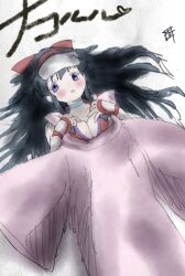 1girl ainu_clothes black_hair blush breasts cleavage fever fingerless_gloves gloves hands_on_own_chest highres large_breasts long_hair looking_at_viewer lying nakoruru parted_lips pink_lips purple_eyes samurai_spirits sick snk solo the_king_of_fighters traditional_media very_long_hair