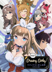 Rule 34 | 6+girls, ahoge, almond eye (umamusume), animal ears, blast onepiece (umamusume), blue eyes, blush, breasts, brown hair, cleavage, closed eyes, closed mouth, collarbone, commentary request, curren bouquetd&#039;or (umamusume), english text, fingerless gloves, gloves, gran alegria (umamusume), grey hair, hair ornament, hairband, horse ears, horse girl, looking at viewer, lucky lilac (umamusume), multiple girls, open mouth, peeking out, red hair, shuten (shutehaan), simple background, small breasts, smile, umamusume, x hair ornament, yellow eyes