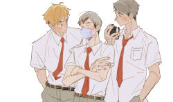 Rule 34 | 3boys, belt, belt buckle, black belt, black hair, blonde hair, breast pocket, brothers, buckle, chewing, collared shirt, colored tips, crossed arms, day (dfe7ff), eating, fingernails, food, grey eyes, grey hair, haikyuu!!, hand in pocket, holding, holding food, kita shinsuke, looking ahead, looking at another, male focus, mask, miya atsumu, miya osamu, mouth mask, multicolored hair, multiple boys, necktie, onigiri, open collar, parted bangs, pocket, red necktie, shirt, shirt tucked in, short hair, short sleeves, siblings, simple background, standing, twins, two-tone hair, white background, white shirt, wing collar, yellow eyes