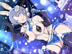 1girl animal_ear_hairband animal_ears blue_eyes blue_necktie blue_skirt bow breasts cleavage collared_shrug elbow_gloves fake_animal_ears fishnet_gloves fishnet_thighhighs fishnets garter_straps gloves grey_hair hair_bow hair_bun hairband highleg highleg_leotard highres holding holding_microphone idol large_breasts leotard looking_at_viewer medium_hair microphone miniskirt necktie nontraditional_playboy_bunny official_alternate_costume official_alternate_hairstyle official_art open_mouth playboy_bunny rabbit_ears rabbit_ornament rabbit_pose senran_kagura senran_kagura_new_link shrug_(clothing) skirt smile snowflake_brooch snowflake_print solo sparkle stage stage_lights striped_bow thighhighs white_bow wrist_cuffs yumi_(senran_kagura)