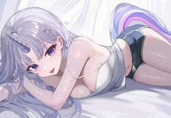 1girl :p absurdres ayatsuno_yuni blue_shorts breasts camisole cleavage commentary_request cross cross_earrings dolphin_shorts earrings grey_hair highres jewelry kkato korean_commentary looking_at_viewer lying medium_breasts midriff navel on_side parted_bangs purple_eyes shorts solo star-shaped_pupils star_(symbol) stellive symbol-shaped_pupils tail tongue tongue_out unicorn_girl unicorn_horn virtual_youtuber white_camisole