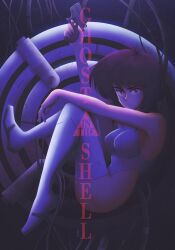 1girl absurdres breasts commentary copyright_name cyborg english_commentary from_side ghost_in_the_shell goodboideogie gun highres holding holding_gun holding_weapon kusanagi_motoko leotard purple_hair red_eyes short_hair solo weapon