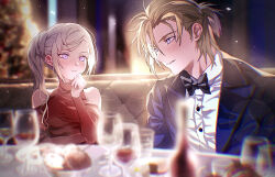 Rule 34 | 1boy, 1girl, alternate costume, black bow, black bowtie, black jacket, black suit, blonde hair, blue eyes, blurry, blurry background, blush, bottle, bow, bowtie, buttons, closed mouth, clothing cutout, collared shirt, cup, dated commentary, dimitri alexandre blaiddyd, dress, drinking glass, edelgard von hresvelg, fire emblem, fire emblem: three houses, fire emblem warriors: three hopes, formal clothes, hand up, highres, jacket, long sleeves, nintendo, parted lips, purple eyes, red dress, shirt, shoulder cutout, side ponytail, smile, soma otakuu, suit, tuxedo, white hair, white shirt, wine bottle, wine glass