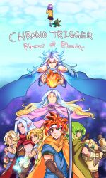 ayla_(chrono_trigger) cape chrono_trigger closed_mouth crono_(chrono_trigger) frog_(chrono_trigger) green_hair highres holding holding_sword holding_weapon kid_(chrono_cross) long_hair looking_at_viewer lucca_ashtear magus_(chrono_trigger) marle_(chrono_trigger) multiple_boys multiple_girls naekam queen_zeal robo_(chrono_trigger) schala_zeal smile sword weapon