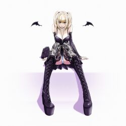 1girl absurdres amane_misa bag black_choker black_dress blonde_hair boots breasts choker cleavage cross cross_necklace death_note detached_sleeves dress full_body goth_fashion handbag highres jewelry lips long_hair looking_at_viewer nail_polish necklace nyamofe panties pantyshot simple_background smile solo thigh_boots thighhighs twintails two_side_up underwear white_background white_panties