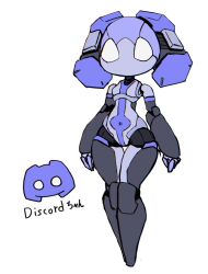 1girl blank_eyes breasts copyright_name curvy discord discord_logo full_body highres humanoid_robot joints looking_at_viewer no_feet no_mouth oversized_forearms oversized_limbs personification robot robot_girl robot_joints solo standing tanaki_bouei white_eyes