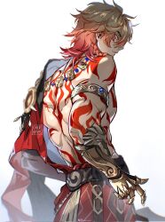 1boy arm_tattoo armlet armor armored_gloves back_tattoo black_coat blonde_hair braid cape coat commentary facial_tattoo from_behind gold_armlet gold_necklace gradient_hair hair_between_eyes highres honkai:_star_rail honkai_(series) jewelry looking_at_viewer looking_back male_focus median_furrow medium_hair multicolored_hair mydei_(honkai:_star_rail) necklace open_clothes open_coat parted_lips pauldrons red_cape red_hair red_tattoo ryrmcher shoulder_armor side_braid sideways_glance single_pauldron solo symbol-only_commentary tattoo toned toned_male white_background yellow_eyes