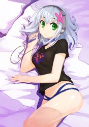 10s 1girl amagi_brilliant_park bed_sheet blue_hair breasts digital_media_player female_focus flower green_eyes hair_flower hair_ornament headphones looking_at_viewer lying muse_(amaburi) on_bed on_side orz_(orz57) panties pink_thighhighs shirt short_hair solo t-shirt thighhighs underwear