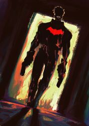 1boy batman_(series) batman_symbol bodysuit dc_comics gloves highres holding jacket jason_todd looking_at_viewer male_focus muscular muscular_male pectorals red_hood_(dc) red_hood_and_the_outlaws short_hair solo superhero_costume tyt_tham