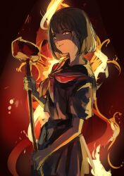1girl black_hair black_sailor_collar black_serafuku black_shirt black_skirt closed_mouth commentary cowboy_shot fiery_background fire from_side hammer hand_up highres holding holding_hammer looking_at_viewer looking_to_the_side mallet neckerchief osakana_(denpa_yun&#039;yun) osanai_yuki pink_eyes pleated_skirt red_background red_neckerchief sailor_collar school_uniform serafuku shadow shirt short_hair short_sleeves shoushimin_series skirt smirk solo standing two-handed