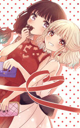 2girls arupaka5tuki bare_arms black_hair black_nails blonde_hair candy chocolate chocolate_heart clutch_purse commentary_request curly_hair dotted_background dress food grin half_updo heart heart-shaped_food highres holding holding_chocolate holding_food inoue_takina long_hair lycoris_recoil multiple_girls nishikigi_chisato parted_lips purple_eyes red_dress red_eyes short_hair smile twintails white_dress