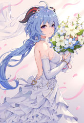 1girl absurdres ahoge backless_dress backless_outfit bare_shoulders blue_hair bouquet breasts bridal_veil choker dress dress_flower flower from_side ganyu_(genshin_impact) genshin_impact goat_horns hair_between_eyes hair_ornament hands_up heart highres hokori_sakuni holding horns jewelry long_hair looking_at_viewer low_ponytail medium_breasts parted_lips pink_eyes pink_ribbon ponytail qingxin_flower ribbon rose smile solo strapless strapless_dress veil wedding_dress white_dress white_flower white_rose