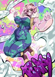 1girl ashido_mina ass bare_shoulders bed boku_no_hero_academia breasts closed_mouth colored_skin covered_erect_nipples english_text feet female_focus horns konakona large_breasts looking_at_viewer no_shoes pink_hair pink_skin short_hair smile text_focus toes translation_request