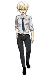 Rule 34 | 1boy, absurdres, androgynous, annoyed, bishounen, blonde hair, collared shirt, eyeliner, full body, grey shirt, hand on own hip, high school boy, highres, hong iltak, makeup, male focus, male with breasts, necktie, open mouth, parkgee, puffy chest, red eyeliner, red eyes, sanpaku, school uniform, shirt, short hair, simple background, solo, white background