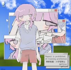 1girl arms_at_sides artist_name barefoot closed_mouth grey_sweater_vest looking_at_viewer low_twintails microsoft_windows multiple_views original pink_hair shimijiso shirt short_sleeves shorts solo standing sweater_vest twintails watermark white_shirt window_(computing) windows_xp