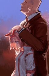 Rule 34 | 1boy, 1girl, animal ears, black suit, buruma, crying, crying with eyes open, ear covers, formal clothes, haru urara (umamusume), headband, high collar, highres, horse ears, horse girl, inishie kumo, jacket, necktie, pink hair, pink headband, red buruma, suit, tears, tilted headwear, umamusume, white jacket
