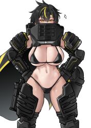 1girl absurdres armored_boots bikini black_bikini black_cape black_hair boots breasts cape commentary english_commentary gauntlets hands_on_own_hips helldivers_(series) helmet highres k0ng large_breasts looking_at_viewer multicolored_hair navel short_hair solo sparkle standing swimsuit tan tanline tomboy unworn_headwear unworn_helmet variant_set yellow_eyes