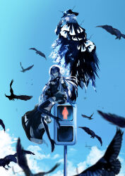 1boy 1girl absurdres antinese armor armored_dress bare_shoulders bird black_bird black_boots black_cloak black_dress black_gloves black_hat black_pants blue_sky boots breast_cutout cigarette cloak cloud cloudy_sky commentary crow dress edmond_dantes_(fate) elbow_gloves fate/grand_order fate_(series) fedora full_body gloves hat headpiece high_heel_boots high_heels highres holding holding_lighter jeanne_d&#039;arc_alter_(avenger)_(fate) jeanne_d&#039;arc_alter_(avenger)_(third_ascension)_(fate) jeanne_d&#039;arc_alter_(fate) lighter long_hair long_sleeves looking_at_viewer looking_back open_mouth outdoors pants pedestrian_lights sitting sky sleeveless sleeveless_dress smile standing thigh_boots torn_cloak torn_clothes vambraces white_hair yellow_eyes