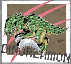 Rule 34 | digimon, dinorexmon, dinosaur, highres, red eyes, scales, sharp nails, sharp teeth, tail, teeth