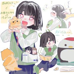 3girls :d absurdres animal_ears black_hair black_skirt blunt_bangs blunt_ends bob_cut book braid brown_hair cat_ears character_doll child colored_speech_bubble commentary cowboy_shot drawn_ears drawn_whiskers family gonzales_(love_live!) green_eyes green_sweater_vest highres holding holding_stuffed_toy if_they_mated jewelry kachimachi_kosuzu link!_like!_love_live! long_skirt long_sleeves love_live! momose_ginko mother_and_daughter multiple_girls multiple_views neck_ribbon open_book open_mouth original pink_eyes pink_ribbon pipi_(m1x_mix) ribbon ring science_babies short_eyebrows short_hair side_braid sitting skirt smile speech_bubble stuffed_animal stuffed_bird stuffed_dinosaur stuffed_toy sweater_vest symbol-only_commentary thick_eyebrows translation_request triceratops tsuru_(love_live!) virtual_youtuber wedding_ring wife_and_wife