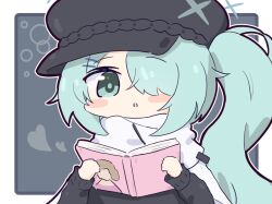 1girl aqua_eyes aqua_hair blue_archive hair_ornament hair_over_one_eye hairclip halo hat hiyori_(blue_archive) long_hair long_sleeves magazine_(object) no_nose open_mouth scarf shirt star_halo umihio upper_body white_scarf