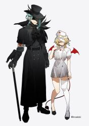 1boy 1girl absurdres alternate_costume animal animal_on_shoulder armband artist_name ascot bandage_over_one_eye bandaged_head bandages bird bird_mask bird_on_hand bird_on_shoulder black_ascot black_bird black_boots black_coat black_gloves black_hat black_shoes blonde_hair blue_hair boots breasts buttons cane coat commentary_request contrapposto covered_eyes cropped_shirt cross crow demon_tail demon_wings dot_nose dottore_(genshin_impact) double-breasted elbow_gloves eye_mask full_body genshin_impact gloves grey_background grey_skirt grin halloween_costume hat hat_feather heart heart_print height_difference high-waist_skirt high_heel_boots high_heels highres holding holding_cane kradebii legs_apart long_coat long_sleeves lumine_(genshin_impact) mask medium_breasts medium_hair mini_wings miniskirt nurse nurse_cap one_eye_covered parted_lips pigeon-toed plague_doctor red_cross red_wings shirt shirt_overhang shoes short_hair_with_long_locks short_sleeves simple_background single_bare_leg single_thighhigh skirt skirt_set smile standing tail thighhighs torn_clothes torn_skirt twitter_username white_armband white_shirt white_thighhighs wings yellow_eyes